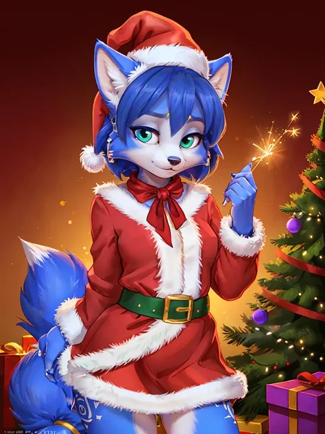 a picture of ((krystal)), Star Fox-Krystal, lovable, green eyes, ((( long blue hair 1 .3))), Decollete, anthro, Fuzzy,  detailed Fluffys fell,  detailed face , (Fluffy), Alone, (wearing  Santa Outfit:1.2), (wears Santa hat ,  aristocratic skirt , santa jac...