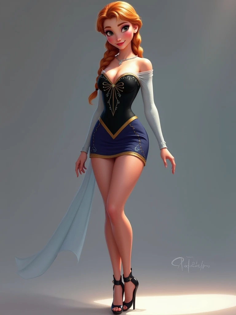     detailed realistic portrait of Anna from Frozen, beautiful lips,  very detailed face and skin ,     blonde   ,  ,     very detailed   ,     Photorealistic  , short skirt tight skirt  ,     big breasts    , Disney Art ,   stands full length  , on heels 