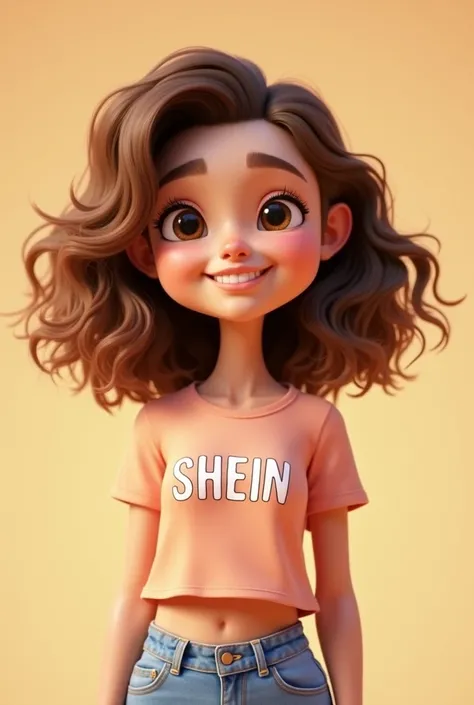 Animated White Girl, With frizzy brown hair with a shirt that says Shein and that Shein is selling