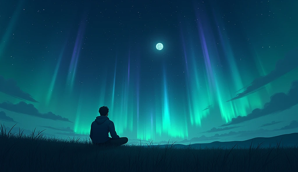  Me sitting on the grass in the night sky ,moon,Northern Lights 