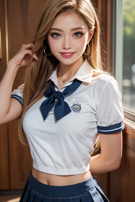 masterpiece,best quality, ultra highres,8k resolution,realistic,ultra detailed,sharp focus,RAW photo,1girl,Alone:1.2,(Brown Skin:1.2)
beautiful lady,large breasts,Small waist,complete body,
school uniform, plain white collared-shirt, breast cleavage, (slig...