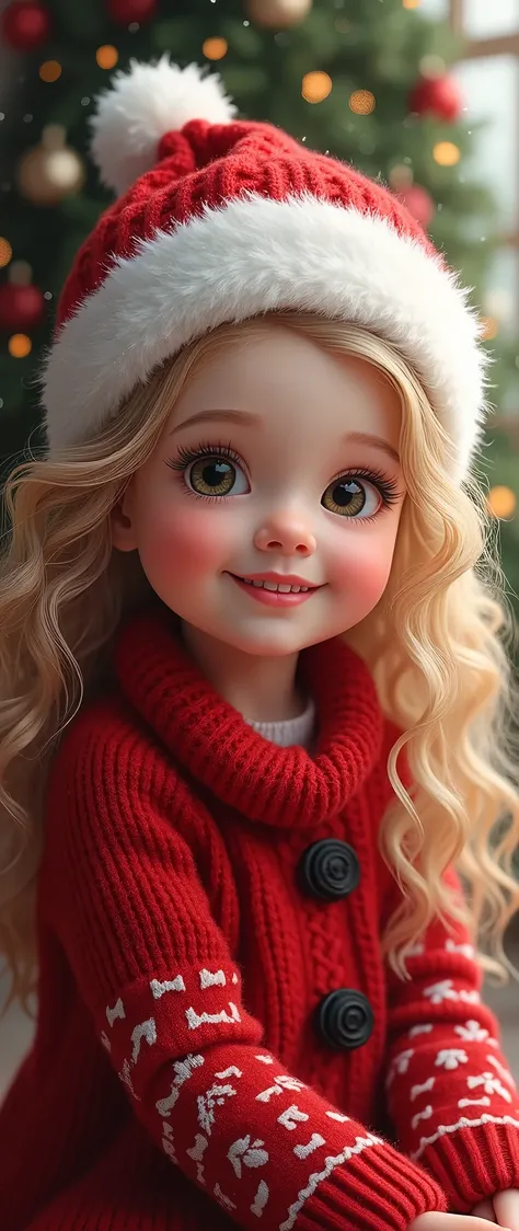 girl white skin, curly blonde hair, Christmas clothes, Christmas hat