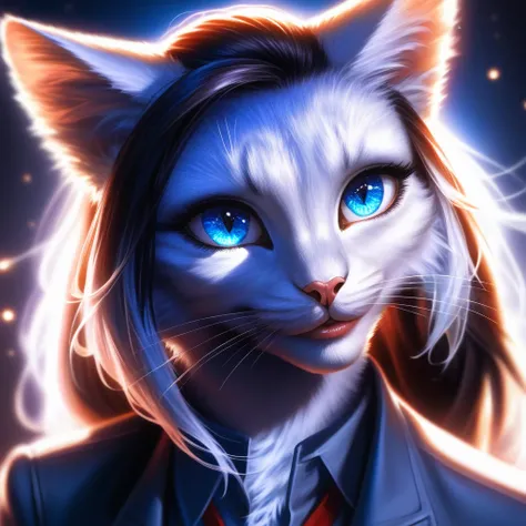 a cute furry white cat with blue eyes,detailed eyes,detailed fur,detailed cat face,photorealistic,extremely detailed,8k,highly detailed,ultra-detailed,realistic,professional digital art,masterpiece,dramatic lighting,cinematic lighting,vibrant colors,beauti...