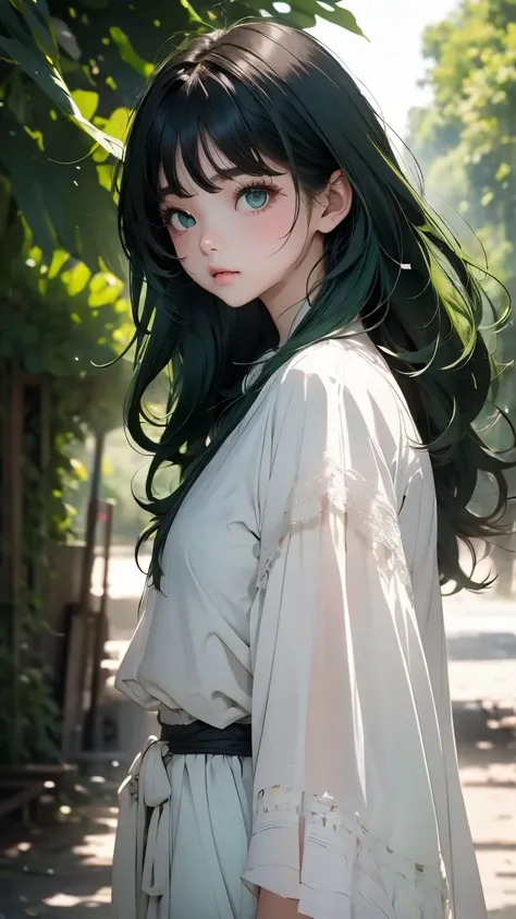 one girl、１６talent、Dark green hair、dark green eyes、Hair in the wind、messy hair、pure white background、Dark green clothes、tunic、 film grain、RAW photo、 Ilford HP5, 80mm、highest quality、ultra high resolution、master piece、background blur,Fade out beautifully