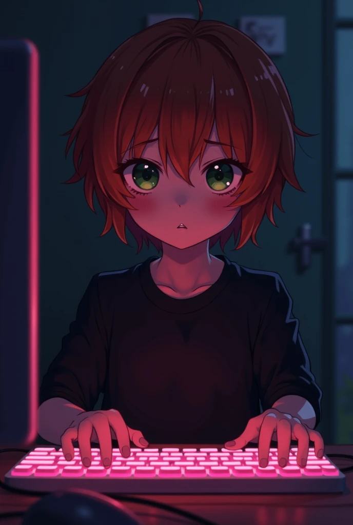 redhead,  short girl with short hair ,  but thick and fluffy , slightly disheveled , with green-brown eyes , , hikka sits at the computer wearing one black shirt, in the dark, with a pink backlit keyboard ,  slightly sad due to non-reciprocal love, at nigh...