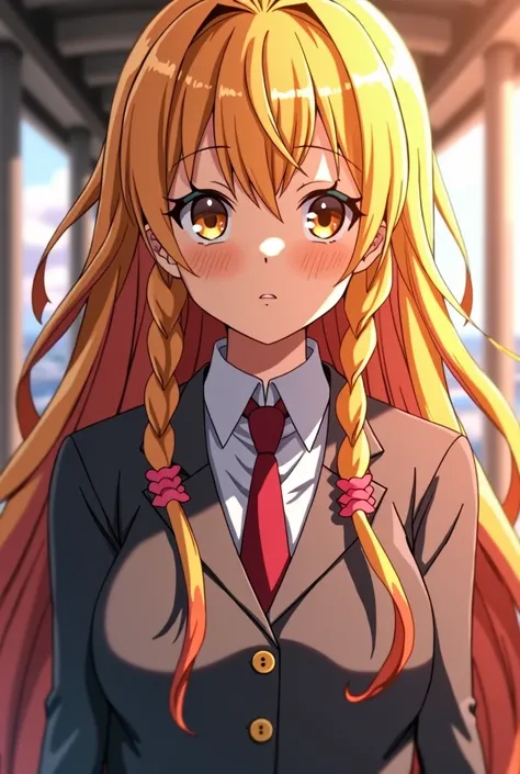 Screenshot of Boku no Hero Academia, a beautiful girl with blond hair and red dreadlocks, her eyes are honey-orange and wears a uniform gray jacket and a red tie