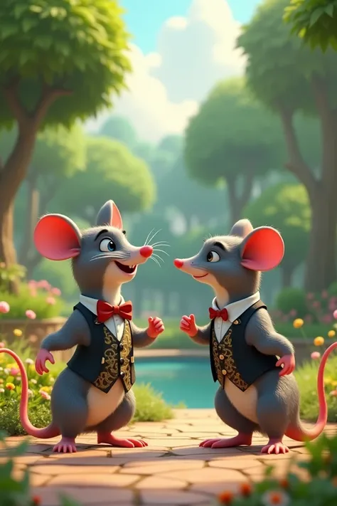  Create a 3D cartoon scene in a colorful ,  park featuring a confident rat wearing a vest and bow tie flirting with a polite pigeon sitting on a bench.  The mouse is smiling while the pigeon looks elegant ,  but a little uncomfortable . There must be trees...