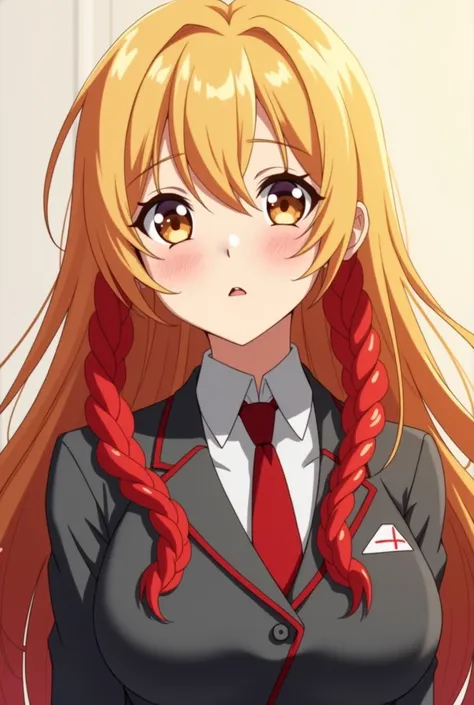 Screenshot of Boku no Hero Academia, a beautiful girl with blond hair and red dreadlocks, her eyes are honey-orange and wears a uniform gray jacket and a red tie