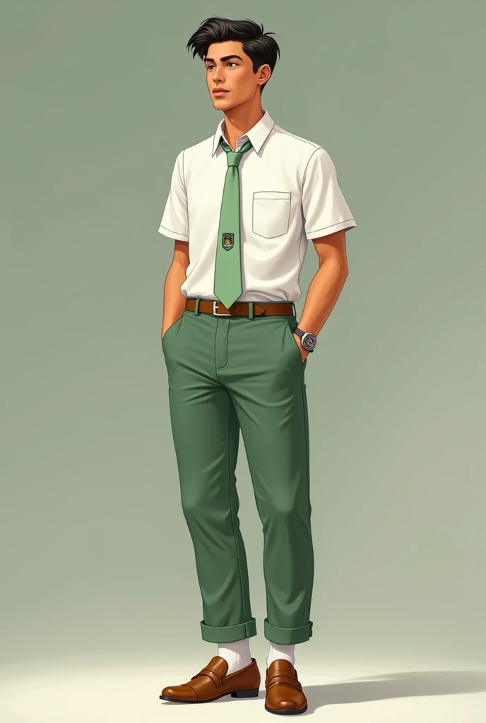 Mexican male summer uniform. White short-sleeved shirt with a light green tie featuring the school crest. Green chinos with a relaxed fit. Light brown dress socks and loafers.