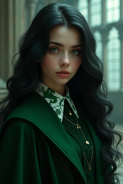 (Marvel ) Girl long black hair, grey eyes, Smooth and curly at the tips,  -style panel wears the Slytherin uniform 