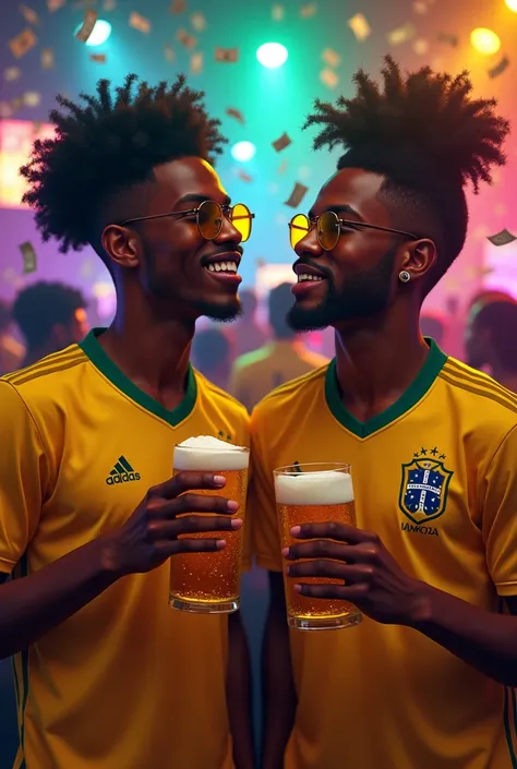  Create an image with two young black people, Wearing a Brazilian jersey drinking at a nightclub with money falling in the background of the image with a glass of beer in your hand make a cooler style 