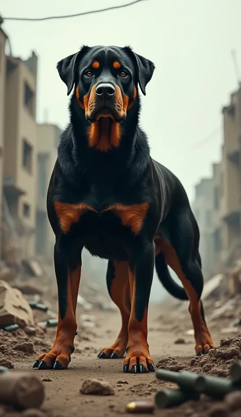 Realistic image of a Rottweiler in the war 