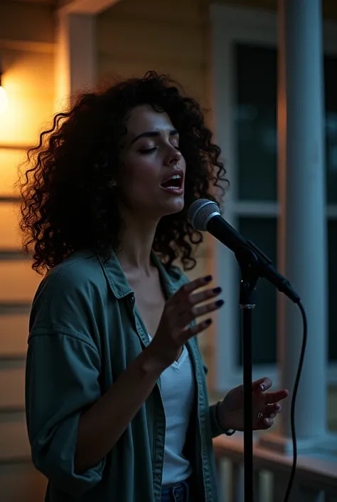  White woman with curly black hair ,  singing on the porch of a house at night. She is holding a microphone  