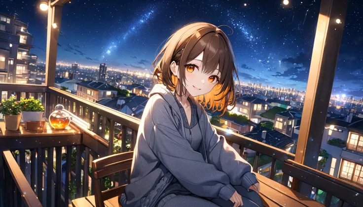 background：Night Sky、 wide sky with twinkling stars and city lights visible in the distance 。  
expression：A calm and relaxed smile。  
Costume： cardigan and sweatpants 。  
 pose： sit on a chair、ホットドリンクを両手で持ちながらNight Skyを見上げている。  
scene：( brown-haired girl ...