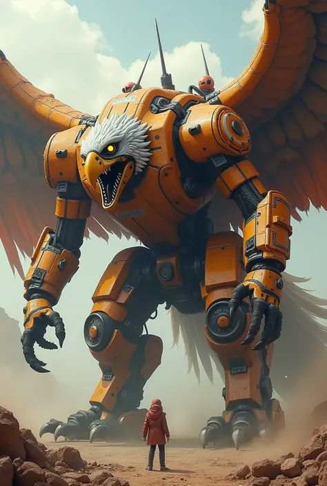 An iron machine eagle monster, formidable, ferocious, with large pointed teeth with an orange and white body, a body so large that it was a small human, with broad wings and a whale-fin tail, with a flame at the tip of its wings.