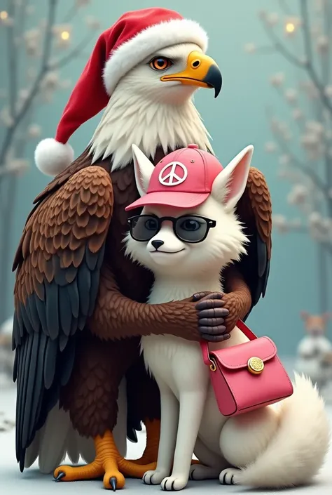 Eagle wearing a Santa Claus hat hugging a white fox, wearing a pink cap with the symbol of peace , wearing black and orange glasses and wearing a pink bag .