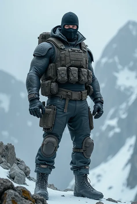 masterpiece,  Best Quality ,  man wearing a balaclava ski mask,  military suit ,  standing on a snowy mountain ,  intricate details, Atmospheric, dramatic, muscular 