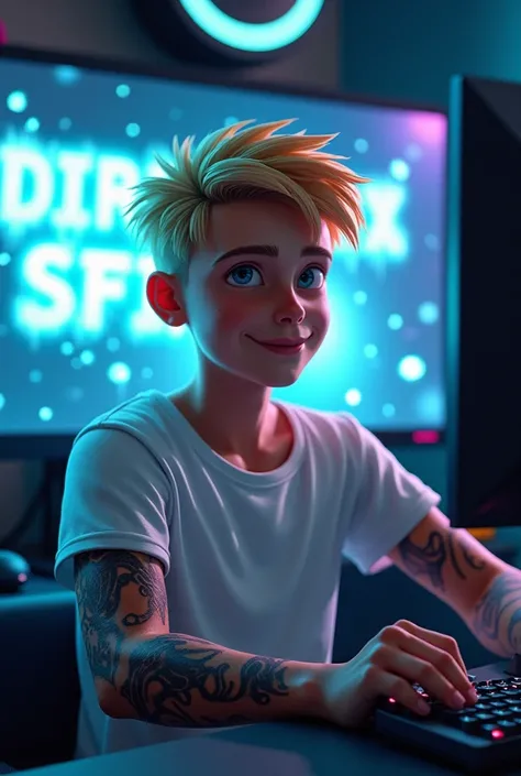 Boy with a gaming setup with short cut and muscular tattooed blond with Fristy writing on the screen and white t-shirt 