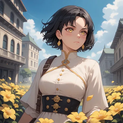 girl, warrior, with a bazooka in her hand ,  outdoor background,  High resolution,  short hair,  black hair , breasts, Earrings,  closed mouth , blush,  yellow eyes,  Hair yellow flower,  short white dress , Shine,  lines of motion ,  illustration, Action ...