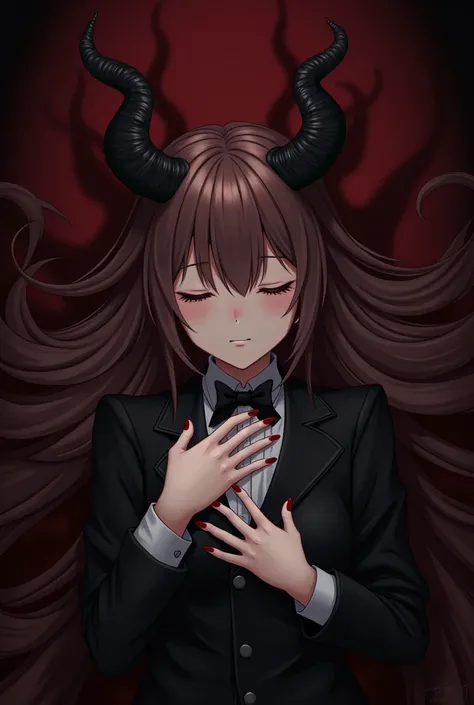 Girl with her hands on her chest lying on the front with brown hair and black horns on her forehead with a medium black background with shadows on the sides black and dark red shadows and whose eyes are closed in a tuxedo and in the Kimetsu no Yaiba style