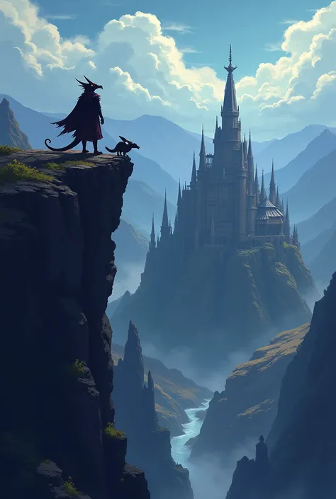  Create a picture of a very creepy dark fantasy world 
with a viewpoint on top of the cliff and there is a castle below the cliff with 
dragons perched on the roof of the castle with pixel graphics 