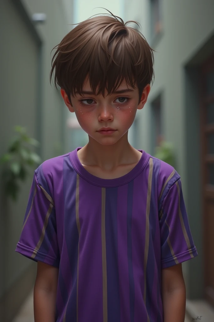 A brown-haired boy with purple striped shirt crying