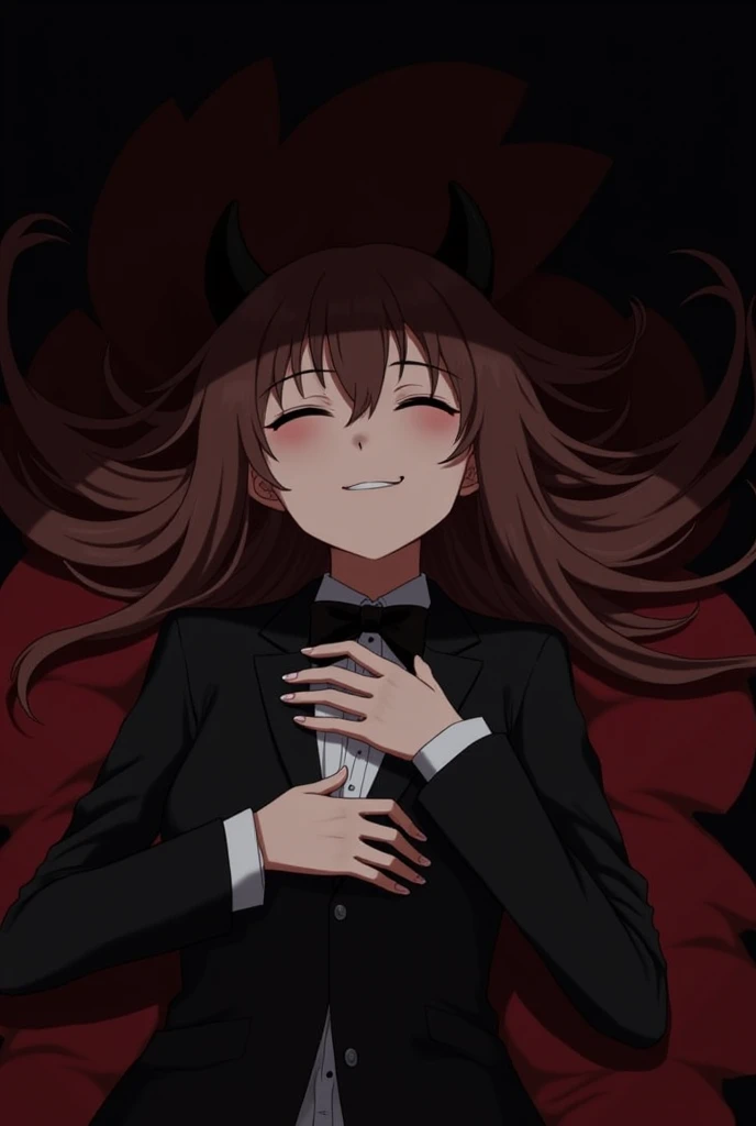 Girl with her hands on her chest lying on the front with brown hair and black horns on her forehead with a medium black background with shadows on the sides black and dark red shadows and whose eyes are closed in a tuxedo and in the Kimetsu no Yaiba style