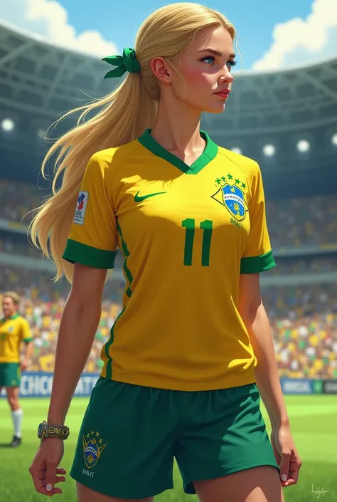 Make an image of Princess Zelda wearing Brazils national team uniform