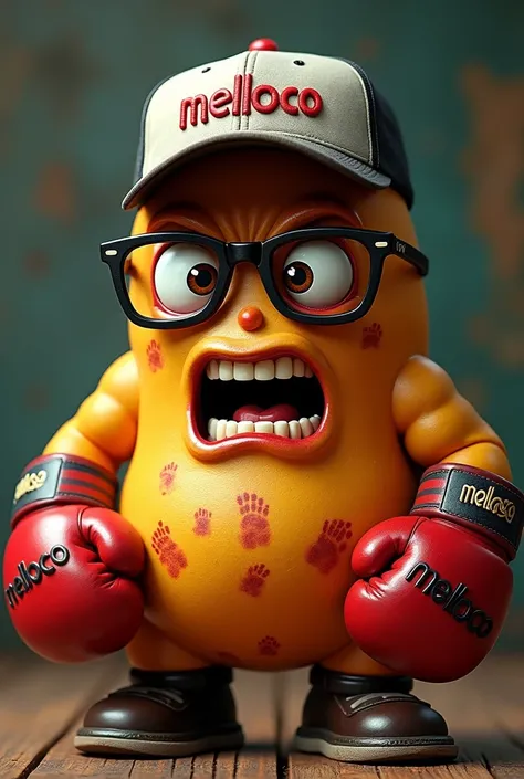 Melloco tuber with his fingerprints with glasses and baseball cap with boxing gloves that have melloco written on the gloves as on the cap and that the melloco is angry
