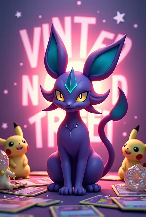 Le logo « Vinted » en arrière plan, In the foreground the Pokémon Espeon with Pokémon Pikachu cards