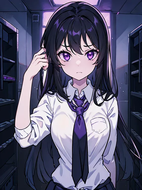 A  girl, Named: Robin, with long black hair, purple eyes, and white skin tone, has an normal personality, likes dark things and horror things, Wearing a school uniform, standing next to a locker, with a face devoid of any emotion