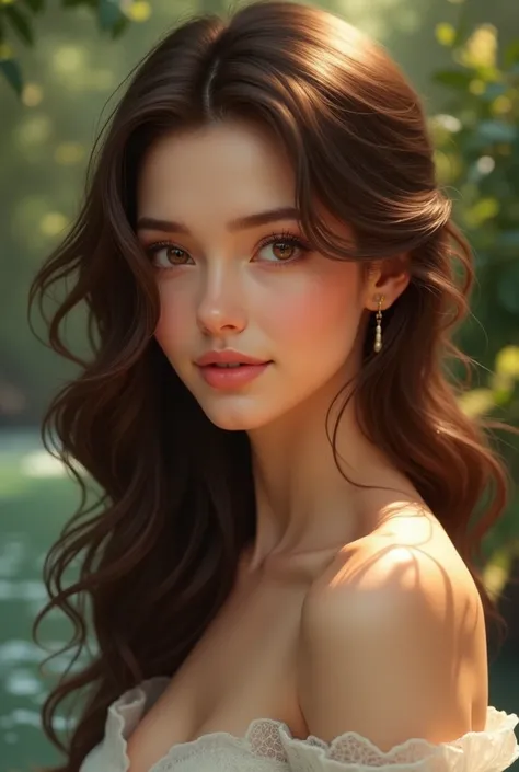 Create a beautiful woman with brown hair brown eyes her hair neither so short nor so long and super beautiful very realistic please