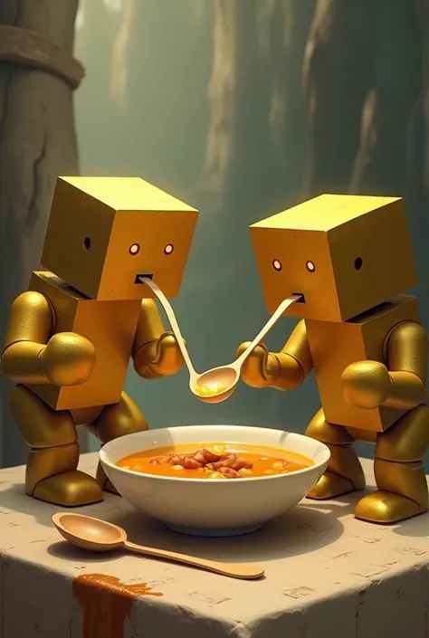  With golden cubes eating soup with a wooden spoon 