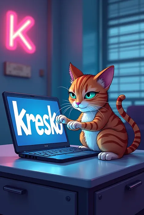 Hello, Take a picture of a cat sitting at a laptop and writing Kresko on the back cover of the laptop with fat text and a cyber-style cartoon cat