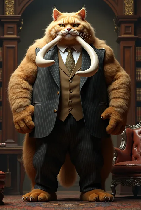 Create a muscular 3-meter cat in a three-piece suit with mammoth tusks 