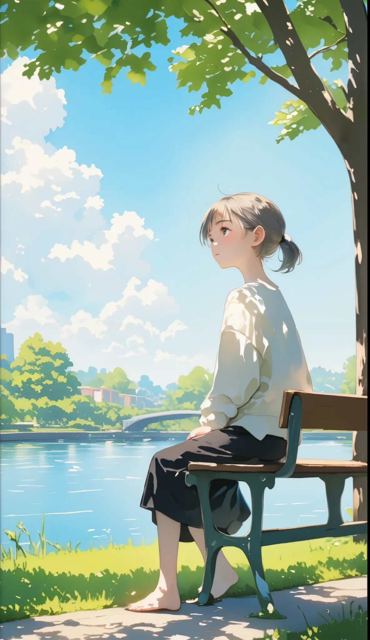 ((( sitting on a bench and looking up at the sky :1.37、girl sitting on the floor and looking up at the sky:1.2、Look at the sky:1.37)))、 one girl、 Extremely Delicate Face and Skin Textures、 white summer knitwear、 Black Long Skirt、Everyday Scenes、、Perfect ha...