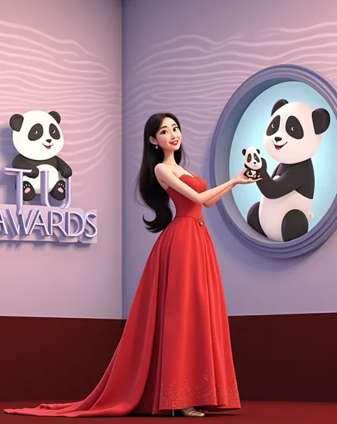 Woman 30 years, long black straight hair, wearing red v strap long taffeta ball gown wide skirt dress with gold strap high heels sandals. 
Thanking on microphone and Holding award in the form of a small white and black panda 🐼, with pink and blue backgroun...