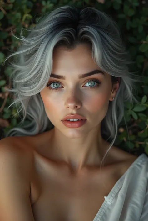  Full face photo shoot , beautiful face,  half gray black hair or silver hair, beautiful eyes, open eyes, hyper realistic, realistic texture,  natural lighting , Lying down seductively 