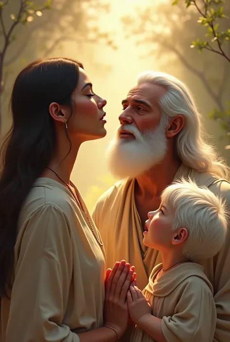 3 people singing to God ,  a smooth-haired brown woman  ,  man with white beard and a small child boy short white hair