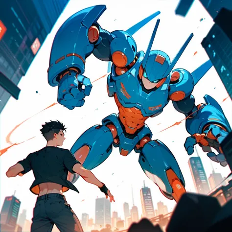  Giant robot landing in the city of Yokohama. Fight with two boys in the heights 