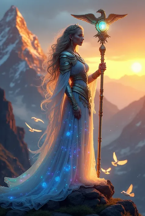 Create a mesmerizing depiction of a "Mystic Warrior of Lights," a radiant guardian who protects the sacred harmony of the mountain realms, surrounded by glowing, magical birds. Set against a backdrop of majestic peaks illuminated by golden sunrise hues, th...