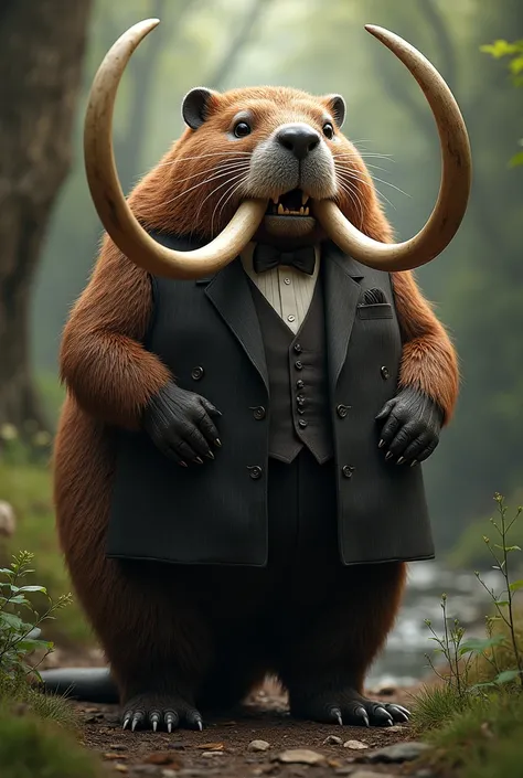 Create a 3-meter beaver dressed in a suit with mammoth tusks 