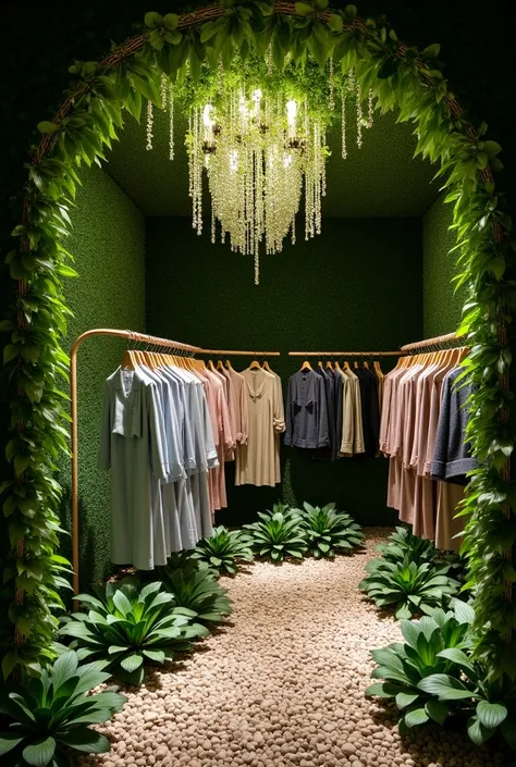  The theme of the Givenchy clothing store is a secret garden， has a small green wall ，A chandelier with grass ， pebbles in the corner of the ground 