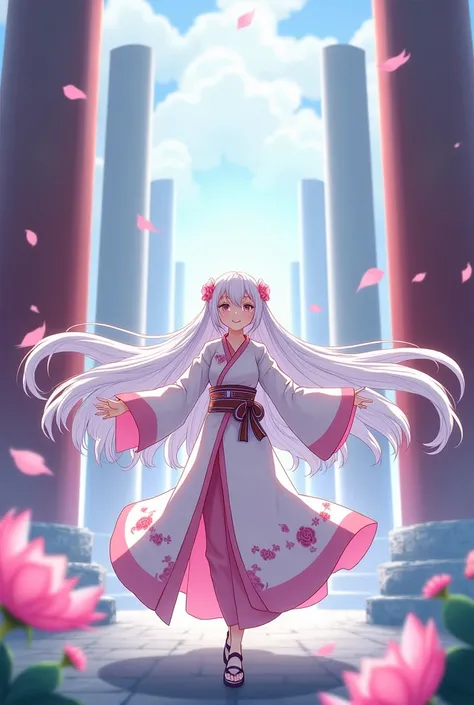 Background with pillars a character from Demon Slayer cheerful woman meeting of pillars white hair with pink looking like a cheerful lotus haori white color with flowers wearing uniform pillared skirt long hair 