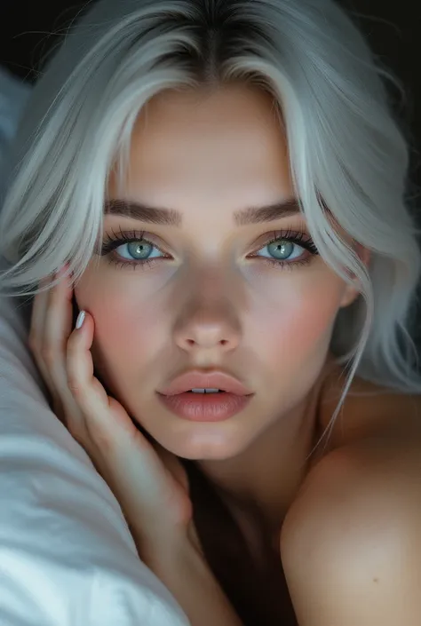  Photo shoot face only, beautiful face,  silver hair, beautiful eyes, open eyes, hyper realistic, realistic texture,  natural lighting ,  lying down seductively , Neutral environment colors 