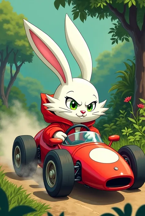  A white rabbit with green eyes and a red coat, driving a racing car . against a green nature background , and enough plants .  drawing like a rens book. A bit of anime style