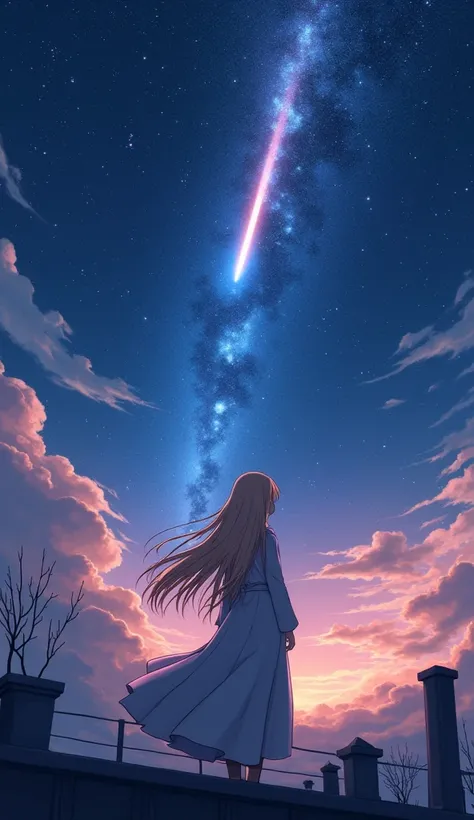 １people々々々々々,Blonde long-haired woman，Long coat， Dress Silhouette， Rear View，Space Sky, comet, Anime Style, Starry sky seen from the rooftop，