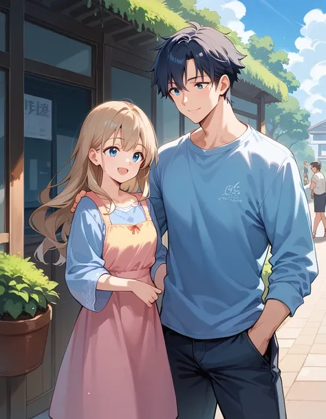 masterpiece, Anime, Cute, cute,  romantic,  best quality, [ two men and women ,  couples after insertion, Mature, adult, Height difference,  different fashion , Different colors,  Casual Clothes ,  Long Sleeve , smile,  happy , like, Swirling Wind,  blue s...