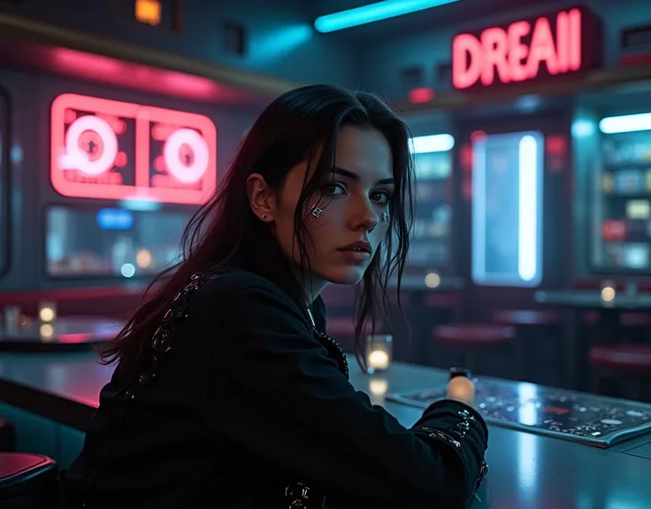 a woman in a futuristic bar, cybernetic implants, cosmic background, cinematic lighting, filmic quality, intricate details, photorealistic, 8k, high resolution, hyperrealistic, dramatic colors, chiaroscuro lighting, moody atmosphere, glowing neon signs, ad...