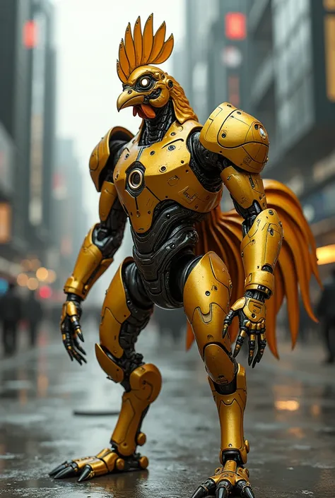 Cricket fused with a rooster in futuristic golden armor